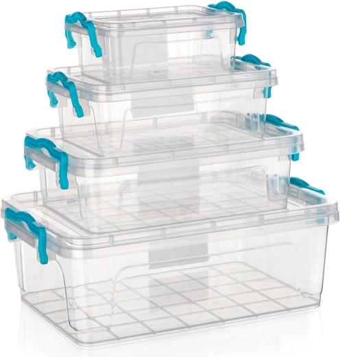 GEMA storage box set, 4 pcs with turquoise clips, transparent