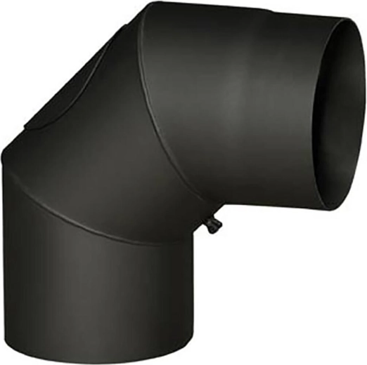 Dūmvadu līkums ar atveri 160 mm, 90°, biezums 1,5 mm, melns