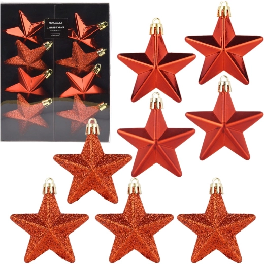 Shatterproof Christmas Star Ornaments Red 6.5 cm, 8 pcs