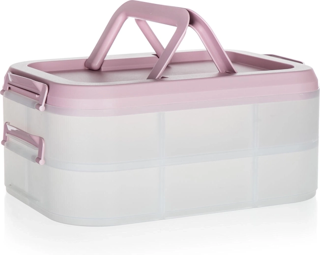 Plastmasas ballīšu kaste ar diviem līmeņiem un rokturiem 40 × 28 × 17,8 cm, caurspīdīga/rozā