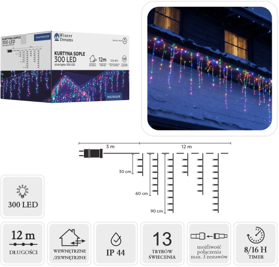 Gaismas aizkars lāstekas (sopļi) 300 LED daudzkrāsains 3 × 12 m - 1 gab.