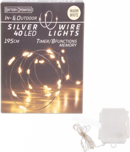 LED gaismiņas uz plānas stieplītes 40 LED siltā dzeltenā krāsā ar taimeri lietošanai telpās un ārā