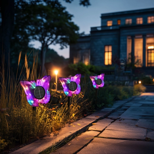 Violeta saules dārza lampa tauriņa formā ar krāsainām LED