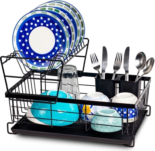 Two-tier dish drying rack with tray, black