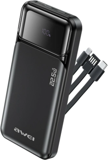 Awei powerbanka 10000 mAh ar iebūvētiem kabeļiem