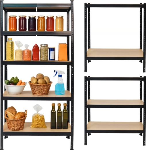 Metāla noliktavas plaukts 2in1 melnā krāsā, 5 MDF plaukti 180 × 90 × 40 cm