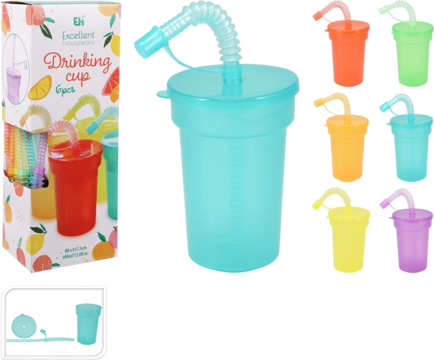 Plastic cup with lid and straw 380 ml, mix of colors, set of 6