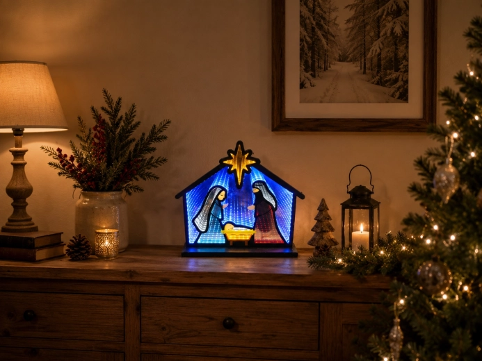 Ziemassvētku 3D dekorācija — Betlēme ar LED un infinity spoguļa efektu 33,5 × 8 × 28,7 cm
