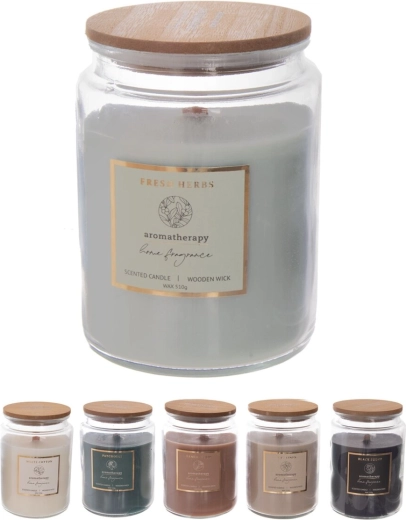 Aromātiskā svece stikla traukā ar koka dakti 510 g (6 variantu mikss)
