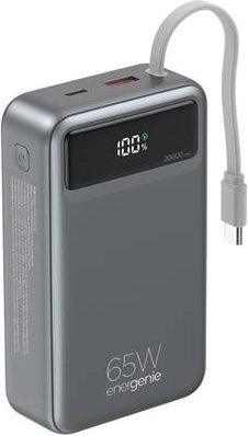 Powerbanka 20 000 mAh ar integrētu kabeli, PD 65 W un LCD displeju, melna