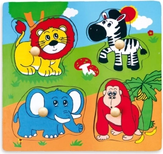 Koka safari dzīvnieku ieliekamā puzle ar rokturiem 22 × 22 cm