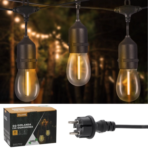 Dārza gaismas virtene 20 m, 20× LED E27, silti balta, IP44