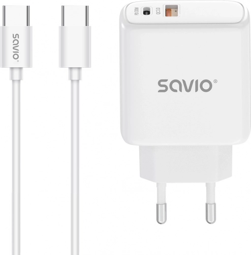 Tīkla lādētājs 30 W ar USB‑C PD un USB‑A QC + USB‑C kabelis – Savio
