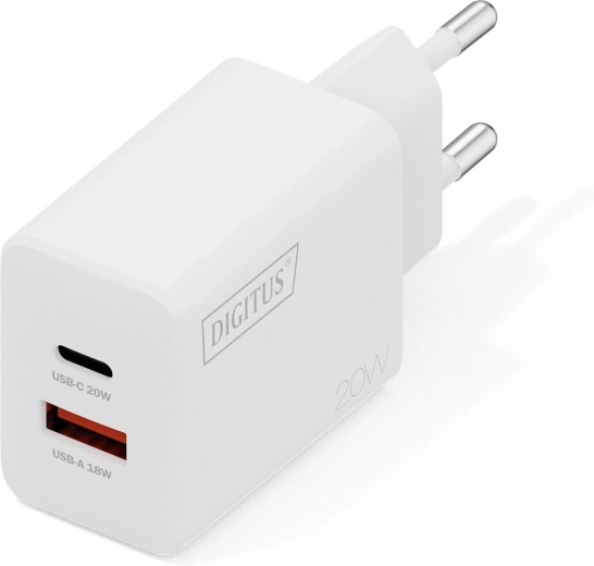 Wall USB Charger 20 W, 1× USB-C and 1× USB-A, white