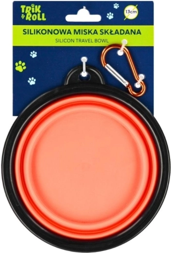 Orange silicone collapsible bowl for dogs and cats with carabiner