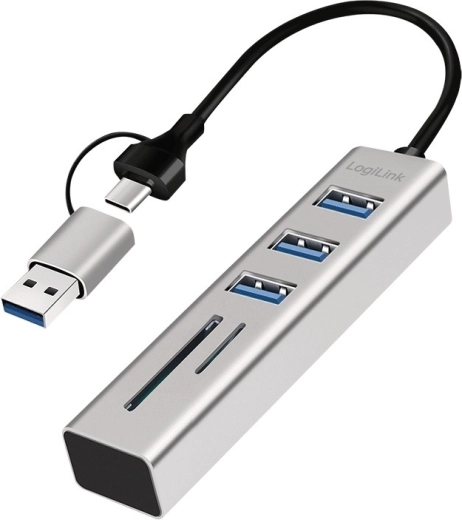 LogiLink USB‑C/USB‑A centrmezgls 3× USB 3.0 ar SD un microSD karšu lasītāju