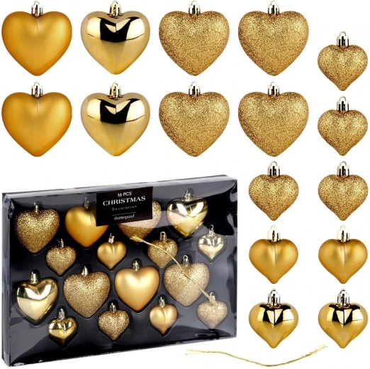 Christmas heart ornaments gold, shatterproof, set of 16 pcs (6.5 and 4.5 cm)