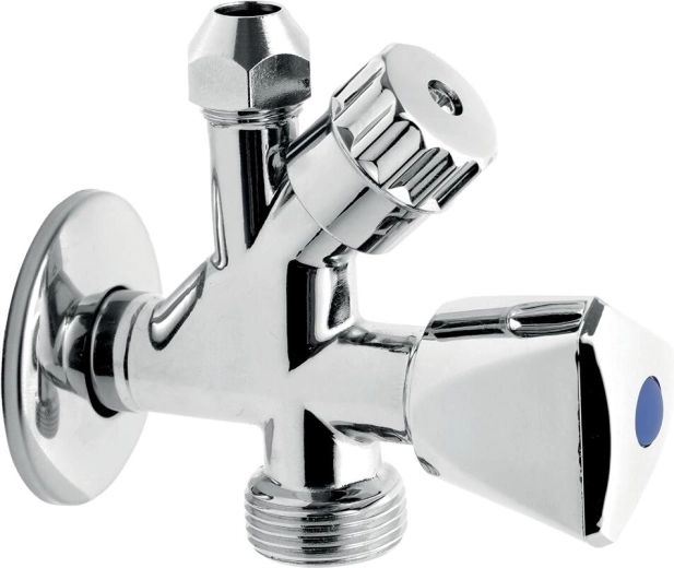 Kombinēts stūra ventilis veļasmašīnai ar pretvārstu 3/8" x 1/2" x 3/4"