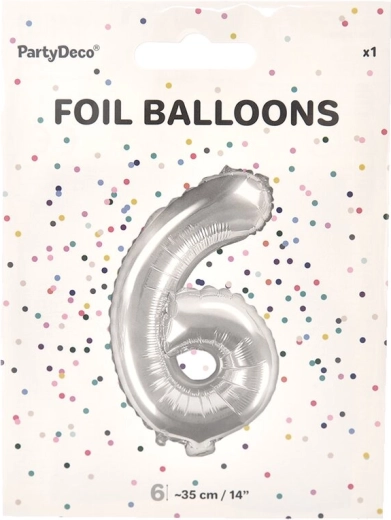 Folijas balons cipars 6, sudraba krāsā, 35 cm