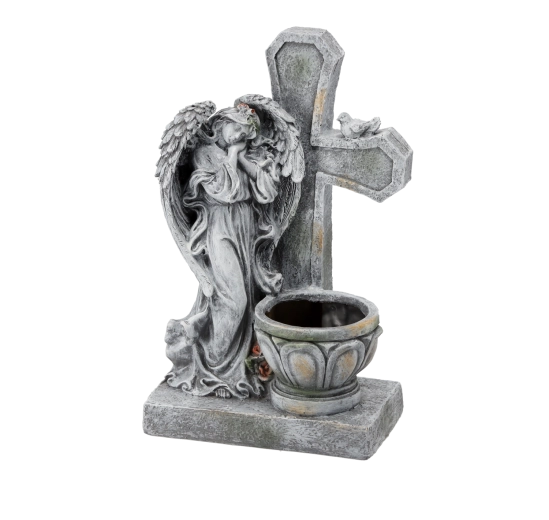 Eņģeļa statuete ar krustu un puķu trauku 21,5 × 14 × 35,5 cm