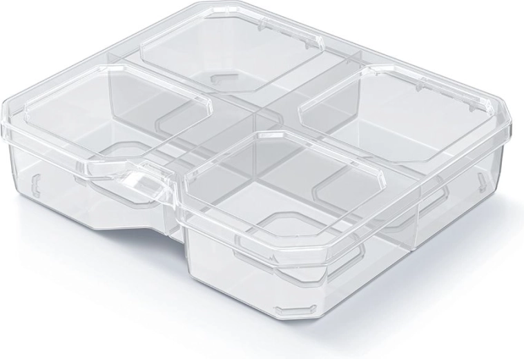 Plastmasas organizators SQR box ar 4 nodalījumiem 15,6 × 14 × 3,5 cm, caurspīdīgs