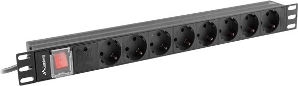 Lanberg 19″ rack PDU strāvas sadales sliede, 1U, 16 A, 8× Schuko, 2 m, melna