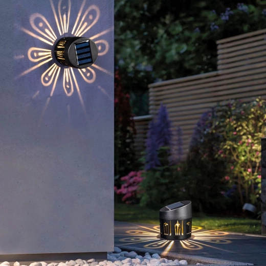 Dekoratīva saules enerģijas lampa sienai vai novietošanai, silti balta