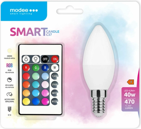 Modee viedā LED spuldze Candle C35 4,9 W E14 RGB+W 470 lm ar tālvadības pulti