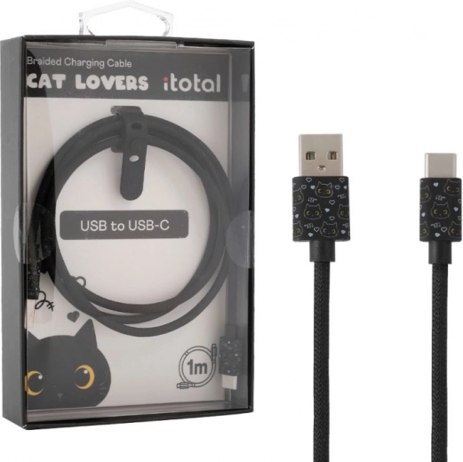 USB‑C uzlādes kabelis ar melnu kaķi un silikona siksniņu garuma regulēšanai