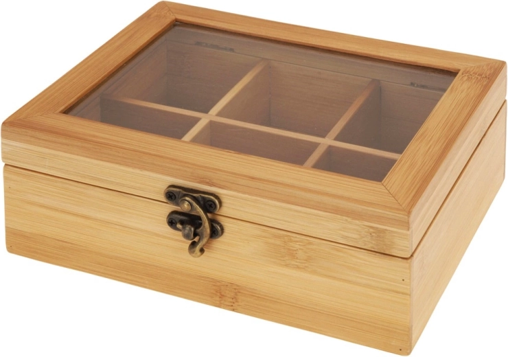 Koka bambusa tējas kārba 21 × 16 × 7,5 cm, 6 nodalījumi