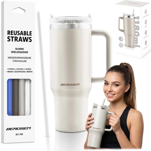 Berdsen vakuuma termokrūze 1180 ml ar salmiņu komplektu, krēmkrāsas