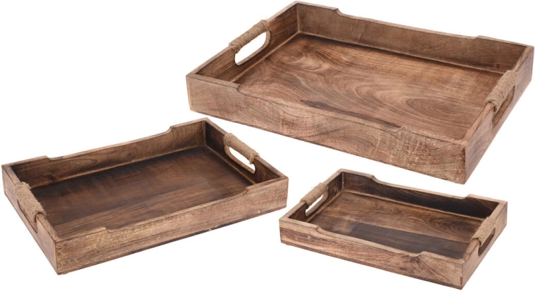 Koka servēšanas paplāte no mango koka ar virvju rokturiem 39 × 25,5 × 5 cm
