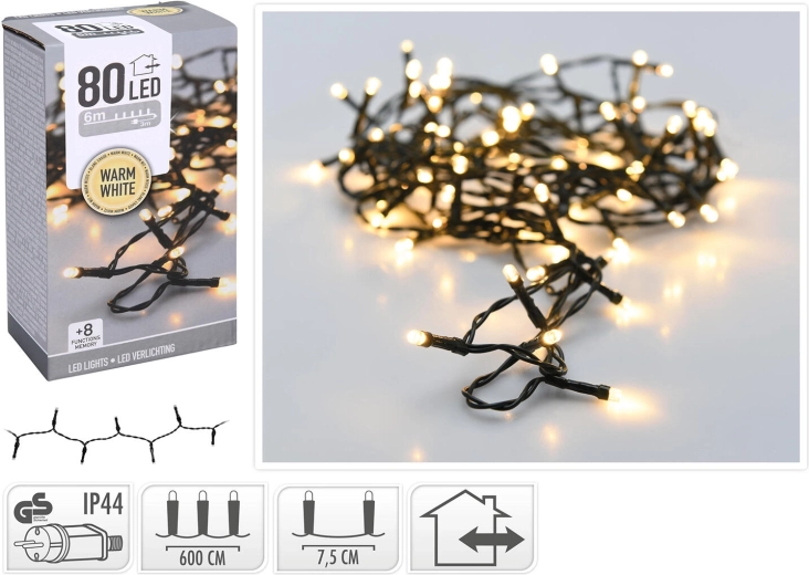 Ziemassvētku āra LED apgaismojums 6 m, 80 LED, silti balts