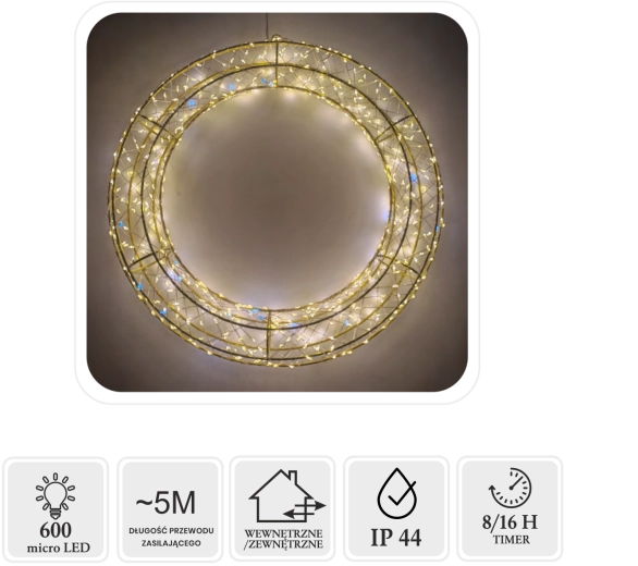 Ziemassvētku LED vainags 40 cm, 600 micro LED, silti balta ar aukstu mirgošanu, lietošanai iekštelpās un ārā - 1 gab.