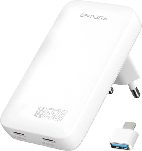 Tīkla lādētājs 4smarts FlatPlug 65W GaN, 2× USB‑C, balts