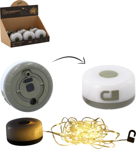 Kempinga LED lampa ar 8 m gaismas virteni, USB‑C