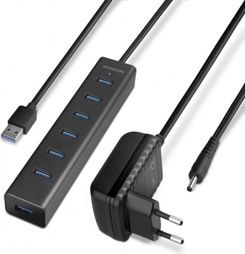 USB 3.2 Gen 1 centrmezgls AXAGON ar 7 portiem un uzlādi, alumīnija, ar adapteri