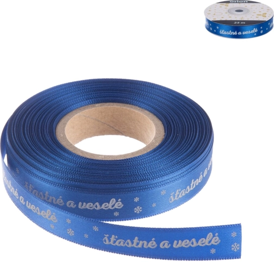 Christmas polyester ribbon “Merry and Bright” blue 25 m