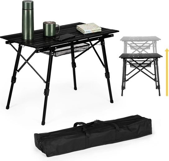 Saliekams kempinga galds MultiGarden 90 × 50 cm, augstums regulējams, melns