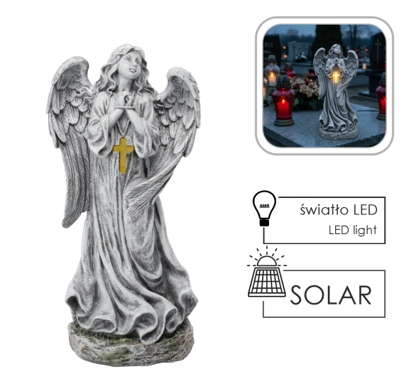 Eņģelis ar LED krustiņu, darbināms ar saules enerģiju, 50,5 cm