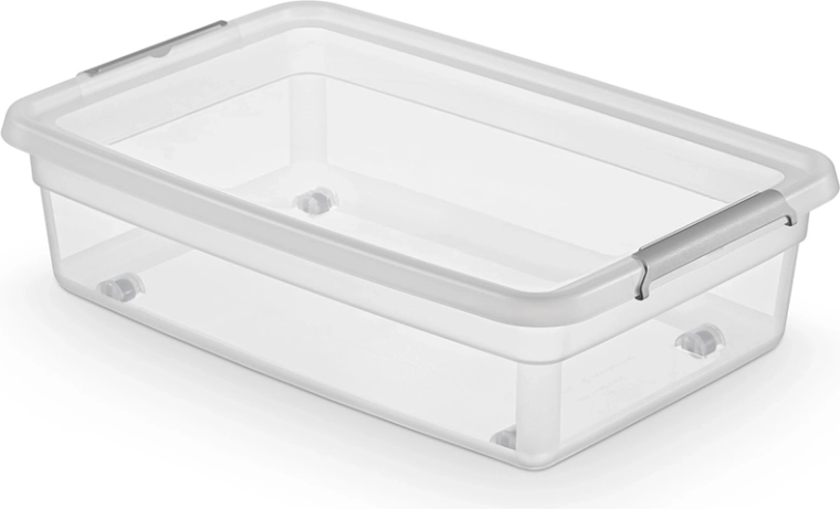 Basestore storage box with lid, clips and wheels 29 L (low profile)