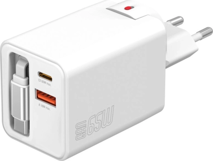 GaN 65 W sienas lādētājs ar izvelkamu kabeli, 2× USB‑C + USB‑A, balts
