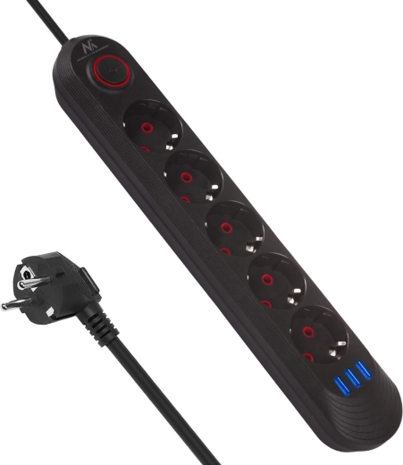 Pagarinātājs ar pārsprieguma aizsardzību ar 5 kontaktligzdām un 3× USB, 2500 W, melns