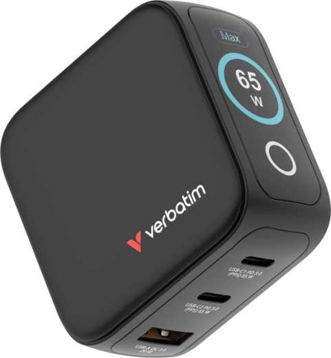 Verbatim mini GaN lādētājs 65 W ar TFT displeju, 2× USB‑C un 1× USB‑A, EU/UK/USA