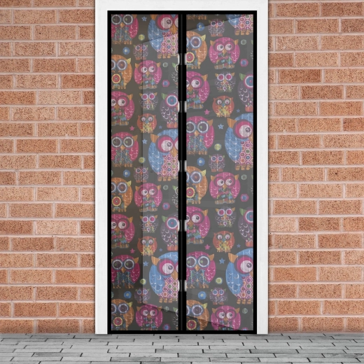 Magnetic insect screen door curtain with owls
