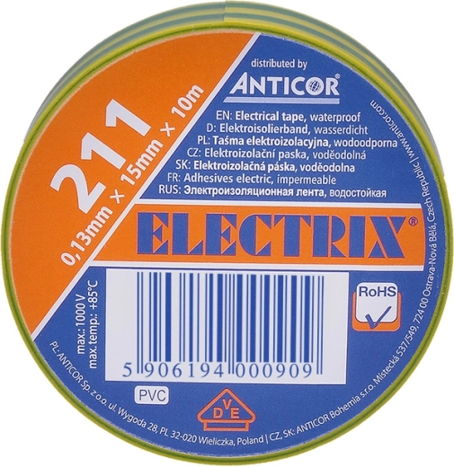 Solight izolācijas elektrolente 15 mm x 0,13 mm x 10 m dzeltenzaļa