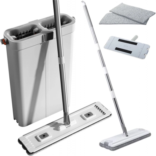 Cleaning Set with Flat Mop and Dual-Chamber Microfiber Bucket