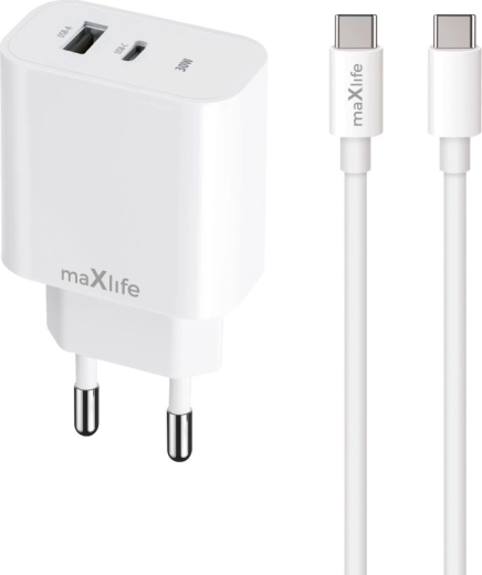 Maxlife 30 W fast charger with USB‑C and USB + USB‑C to Lightning cable