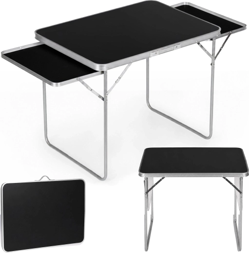 Multigarden salokāms kempinga galds 120 × 60 cm ar 2 sānu plauktiem, melns