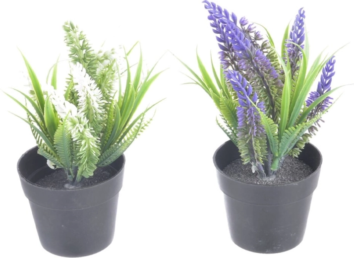 Mākslīgā lavanda plastmasas puķupodā